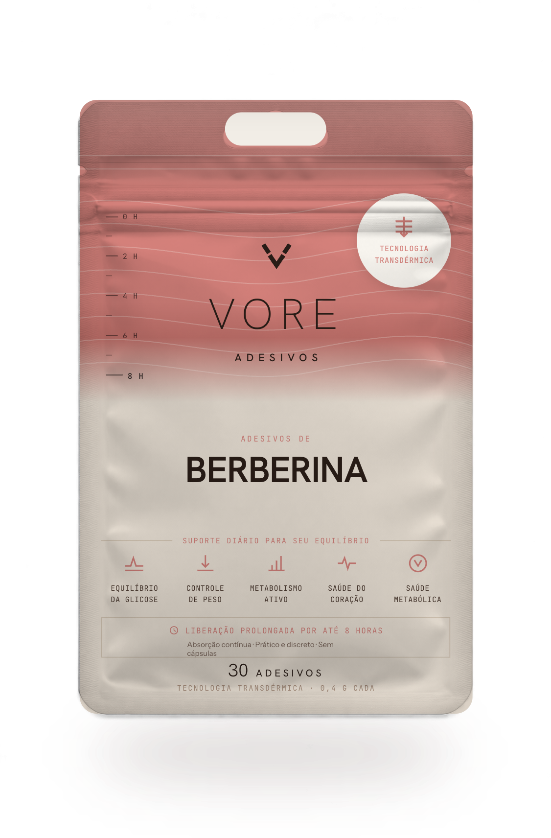 Embalagem dos Adesivos de Berberina VORE: pouch com campo terracota dissolvendo em creme, régua de 8 horas na lateral, selo de tecnologia transdérmica e 30 adesivos